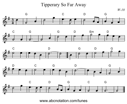 Tipperary So Far Away - staff notation