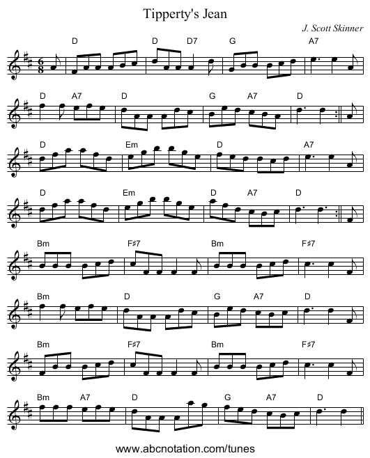 Tipperty's Jean - staff notation