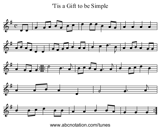 'Tis a Gift to be Simple - staff notation