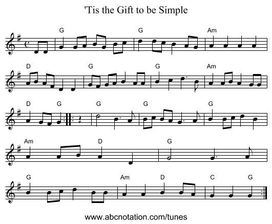 'Tis the Gift to be Simple - staff notation