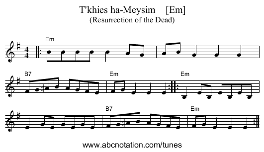 T'khies ha-Meysim    [Em] - staff notation