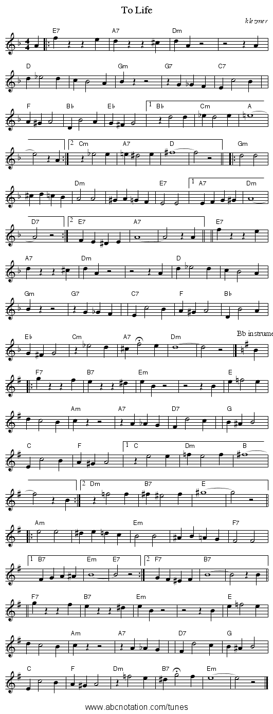 To Life - staff notation