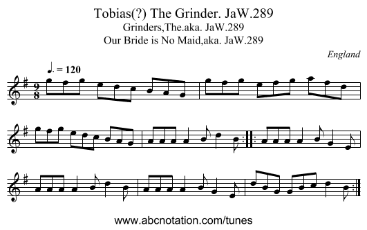 Tobias(?) The Grinder. JaW.289 - staff notation