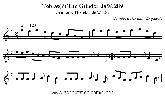 Tobias(?) The Grinder. JaW.289 - staff notation