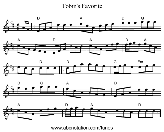 Tobin's Favorite - staff notation