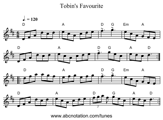 Tobin's Favourite - staff notation