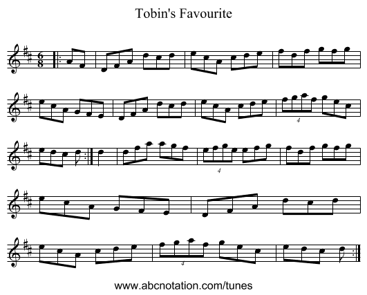 Tobin's Favourite - staff notation