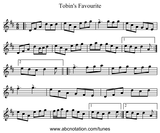 Tobin's Favourite - staff notation