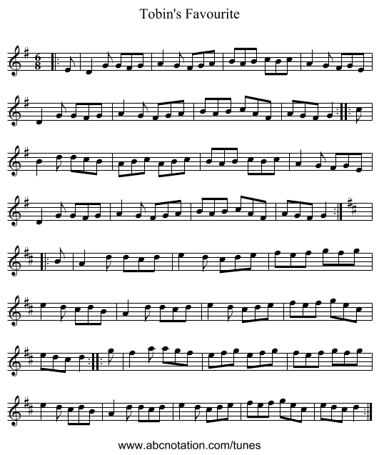 Tobin's Favourite - staff notation