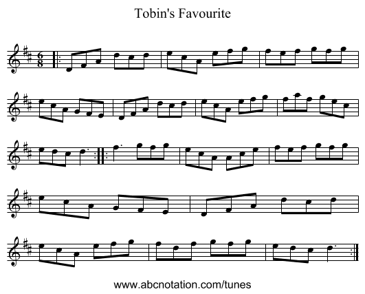 Tobin's Favourite - staff notation
