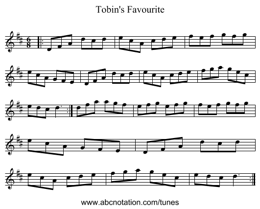 Tobin's Favourite - staff notation