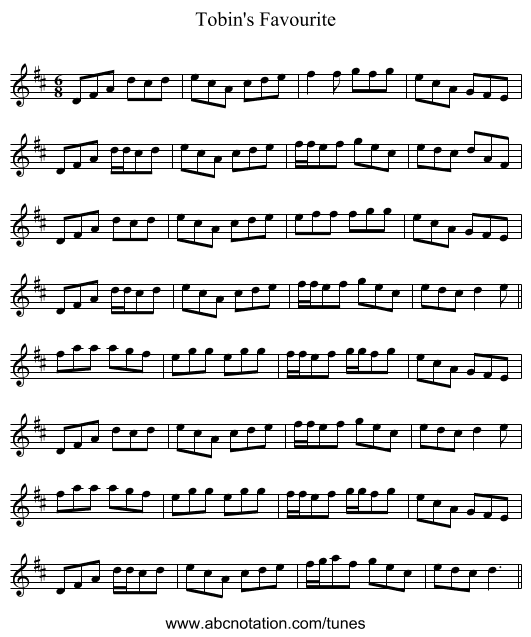 Tobin's Favourite - staff notation