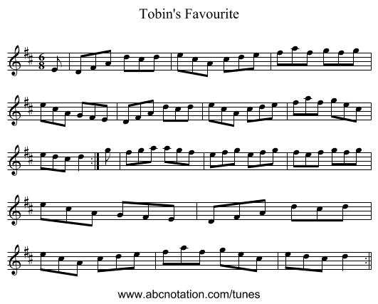 Tobin's Favourite - staff notation