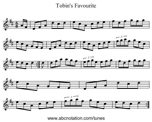 Tobin's Favourite - staff notation