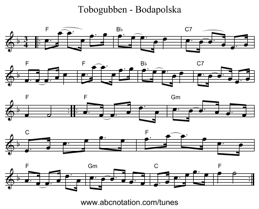 Tobogubben - Bodapolska - staff notation