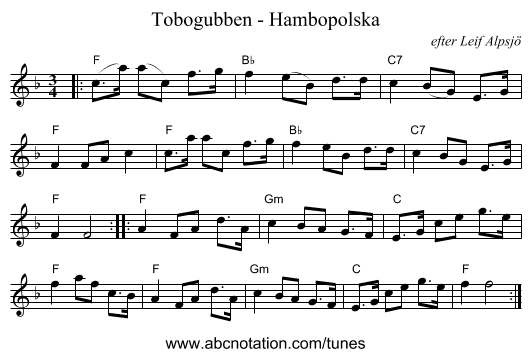 Tobogubben - Hambopolska - staff notation