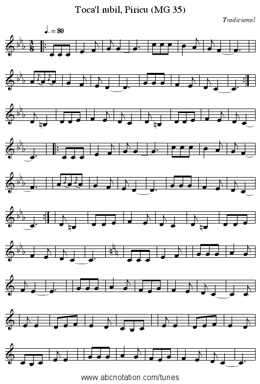 Toca'l rubil, Piricu (MG 35) - staff notation