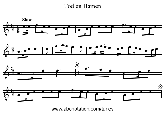 Todlen Hamen - staff notation