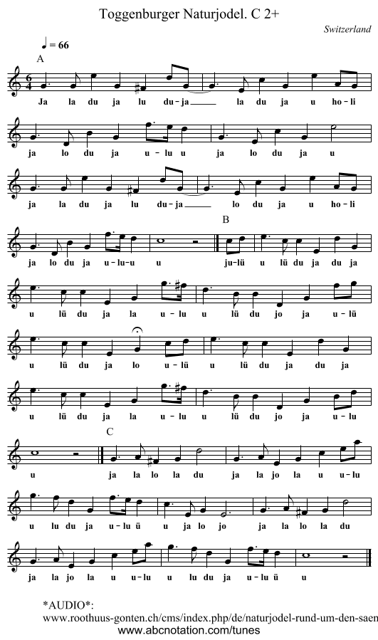 Toggenburger Naturjodel. C 2+ - staff notation