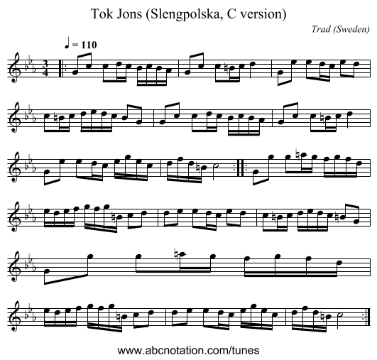 Tok Jons (Slengpolska, C version) - staff notation