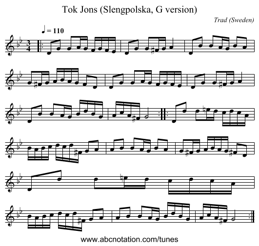 Tok Jons (Slengpolska, G version) - staff notation