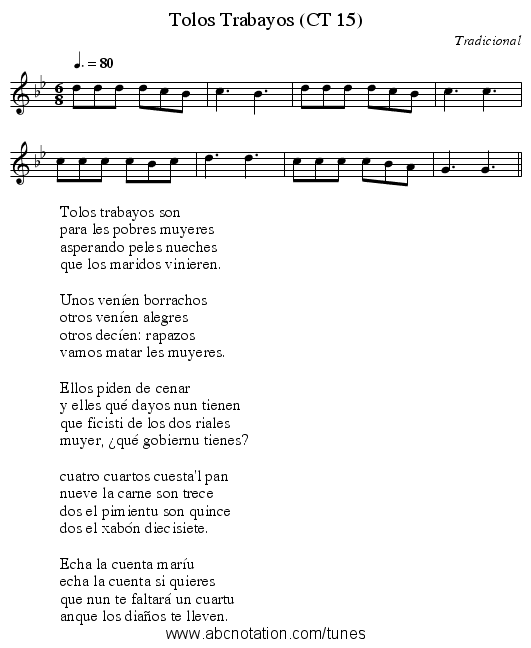 Tolos Trabayos (CT 15) - staff notation
