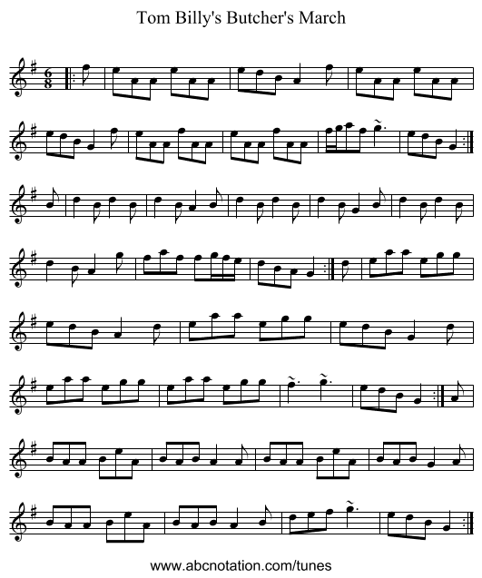 Tom Billy's Butcher's March - staff notation