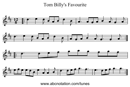 Tom Billy's Favourite - staff notation