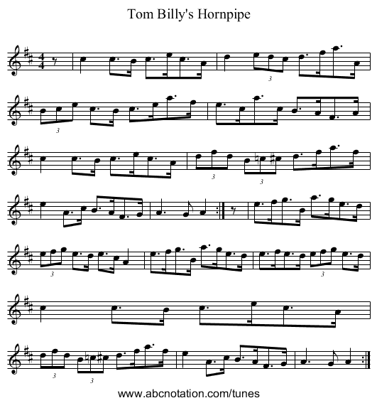 Tom Billy's Hornpipe - staff notation