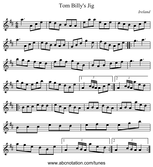 Tom Billy's Jig - staff notation
