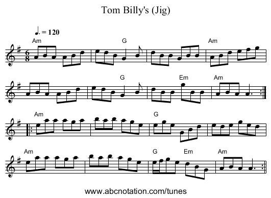 Tom Billy's (Jig) - staff notation