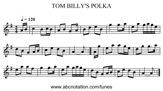 TOM BILLY'S POLKA - staff notation