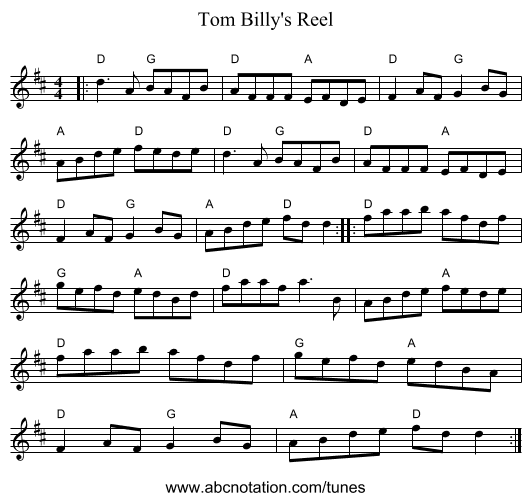 Tom Billy's Reel - staff notation