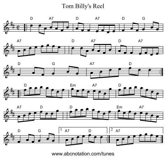 Tom Billy's Reel - staff notation
