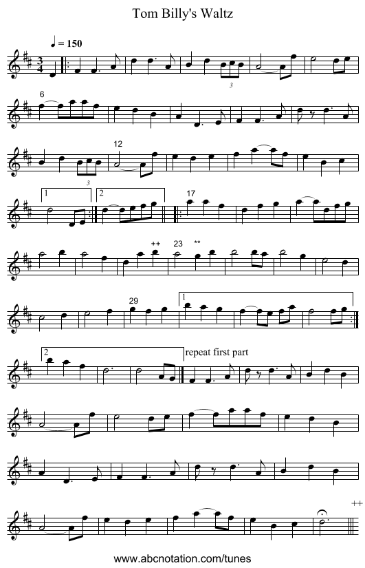 Tom Billy's Waltz - staff notation