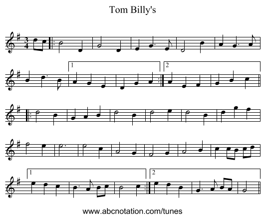 Tom Billy's - staff notation