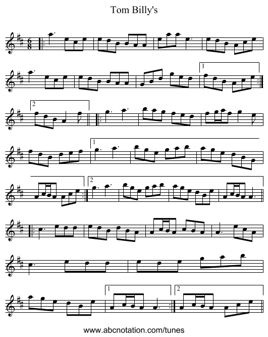 Tom Billy's - staff notation
