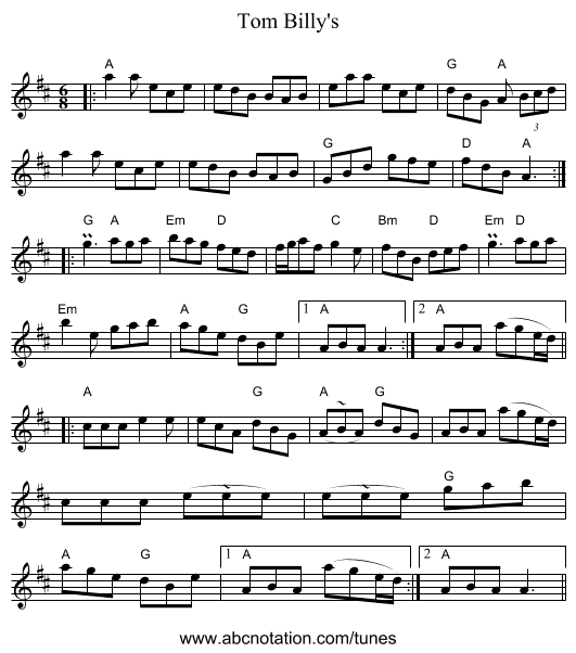 Tom Billy's - staff notation