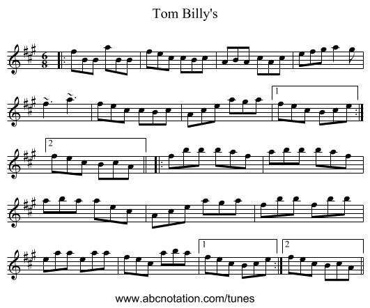 Tom Billy's - staff notation