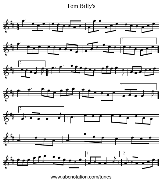 Tom Billy's - staff notation