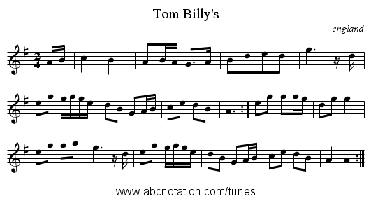 Tom Billy's - staff notation
