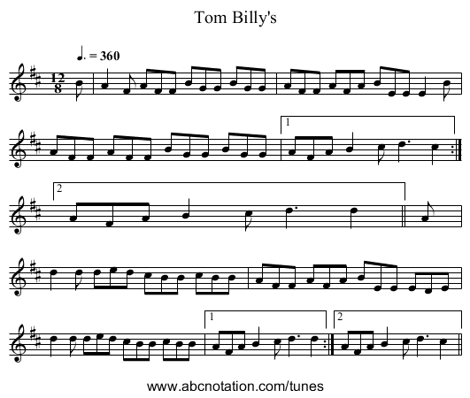 Tom Billy's - staff notation