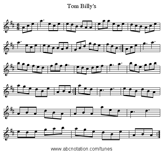 Tom Billy's - staff notation