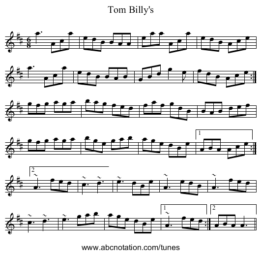 Tom Billy's - staff notation