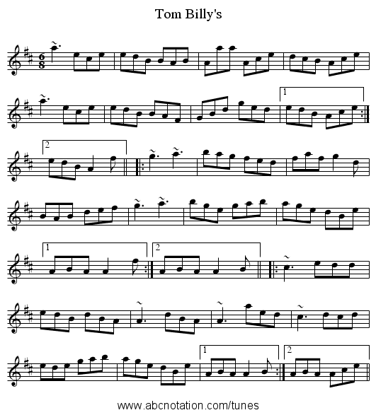 Tom Billy's - staff notation