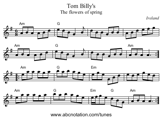 Tom Billy's - staff notation