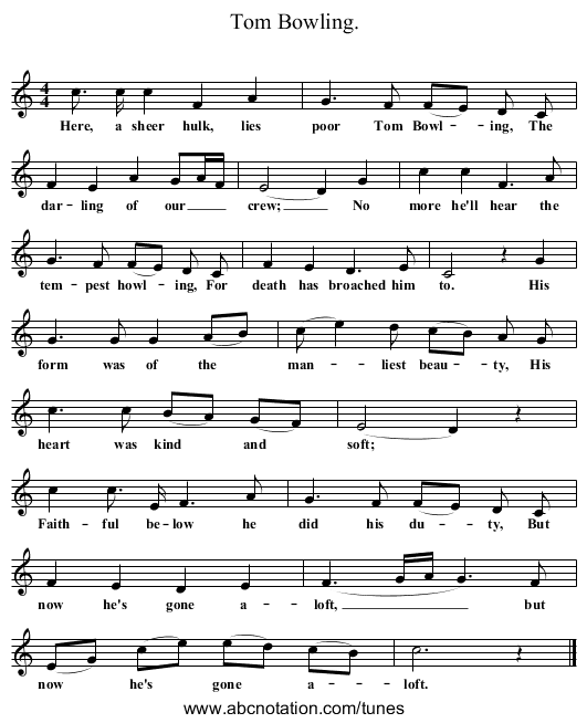 Tom Bowling. - staff notation