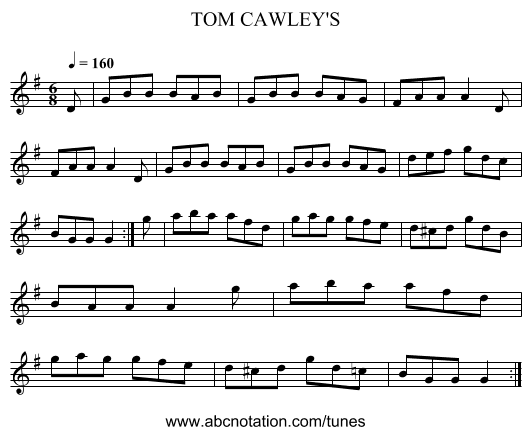 TOM CAWLEY'S - staff notation