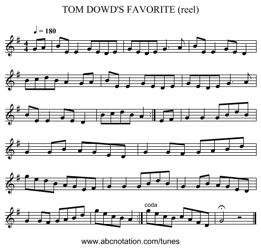 TOM DOWD'S FAVORITE (reel) - staff notation