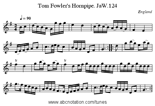 Tom Fowler's Hornpipe. JaW.124 - staff notation